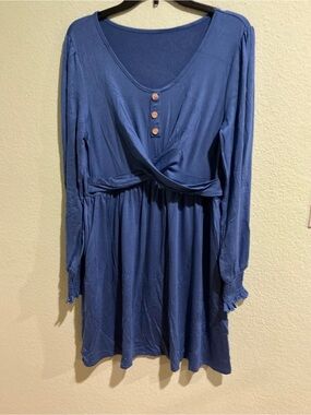 Blue Long-Sleeve Twist-Front Women’s Dress